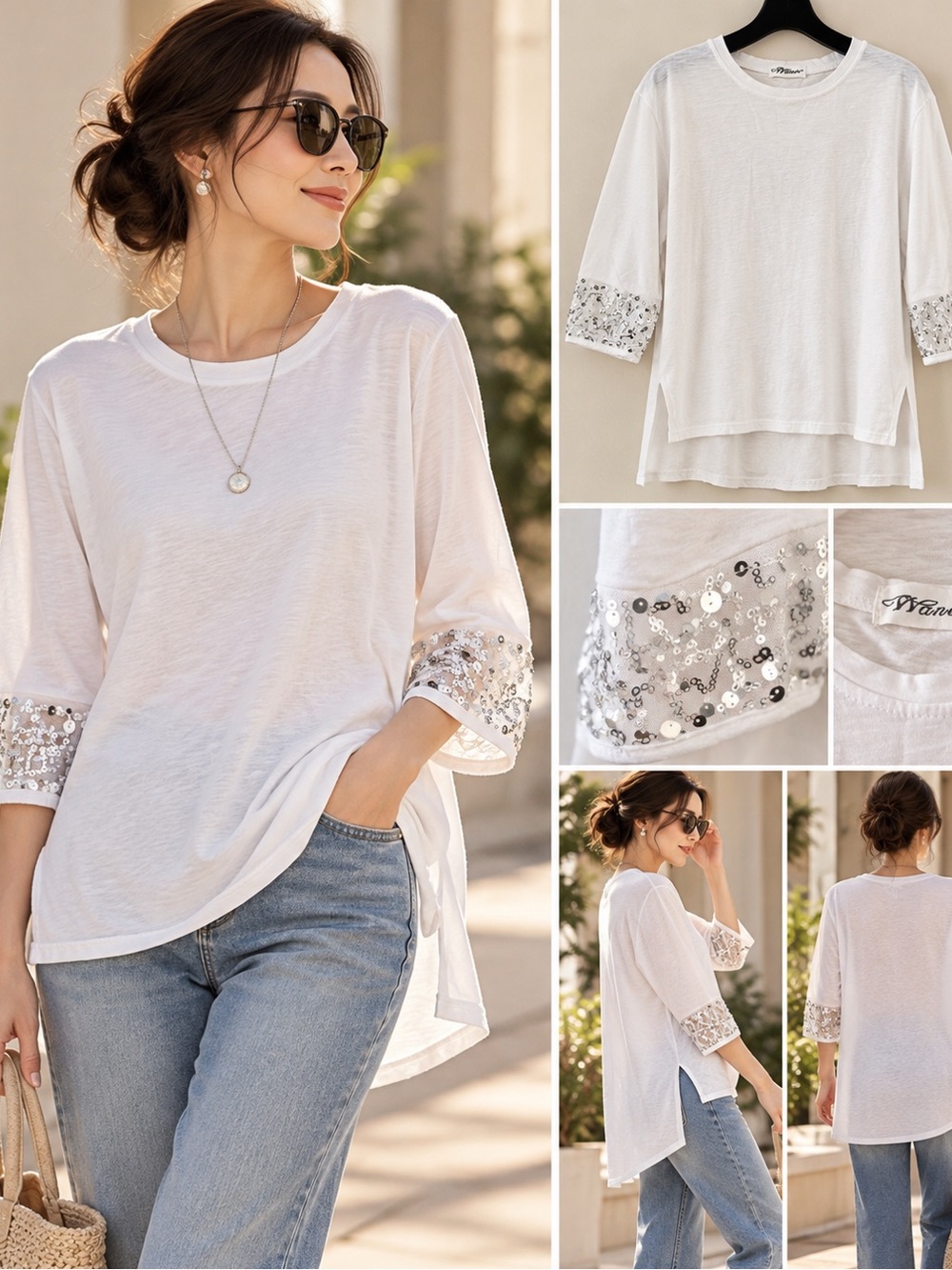 White Sequin Lace Cuff High Low Tee Side Slit Artsy DIY Top